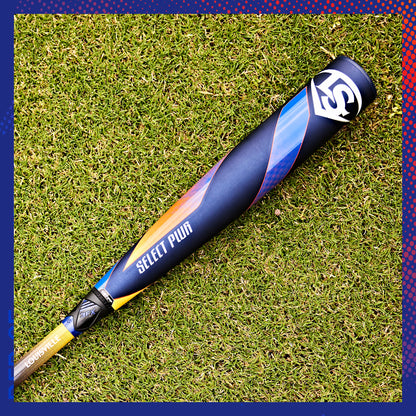 A 2025 Louisville Slugger Select PWR (-3) BBCOR Baseball Bat rests on the grass, its alloy barrel gleaming in the sunlight.