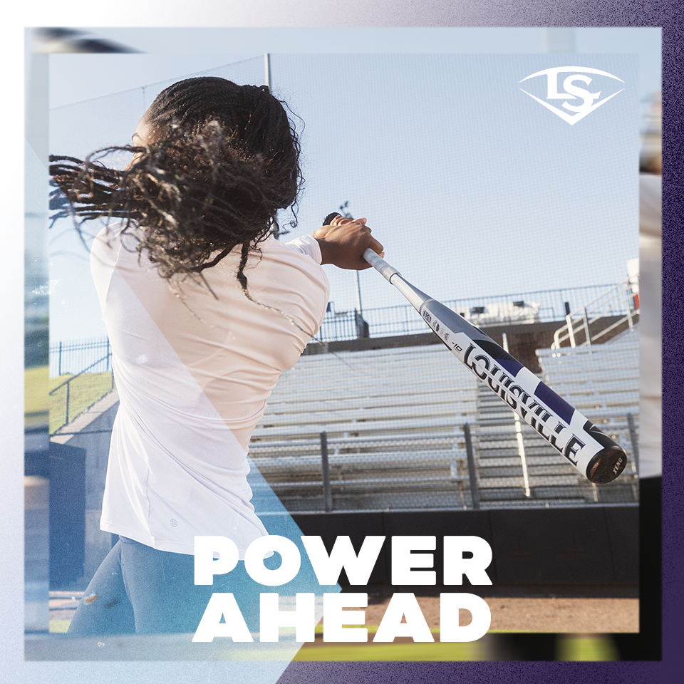 A softball player with long hair swings a bat on a field, facing away from the camera, with empty bleachers in the background. The words “POWER AHEAD” appear in bold white text at the bottom.