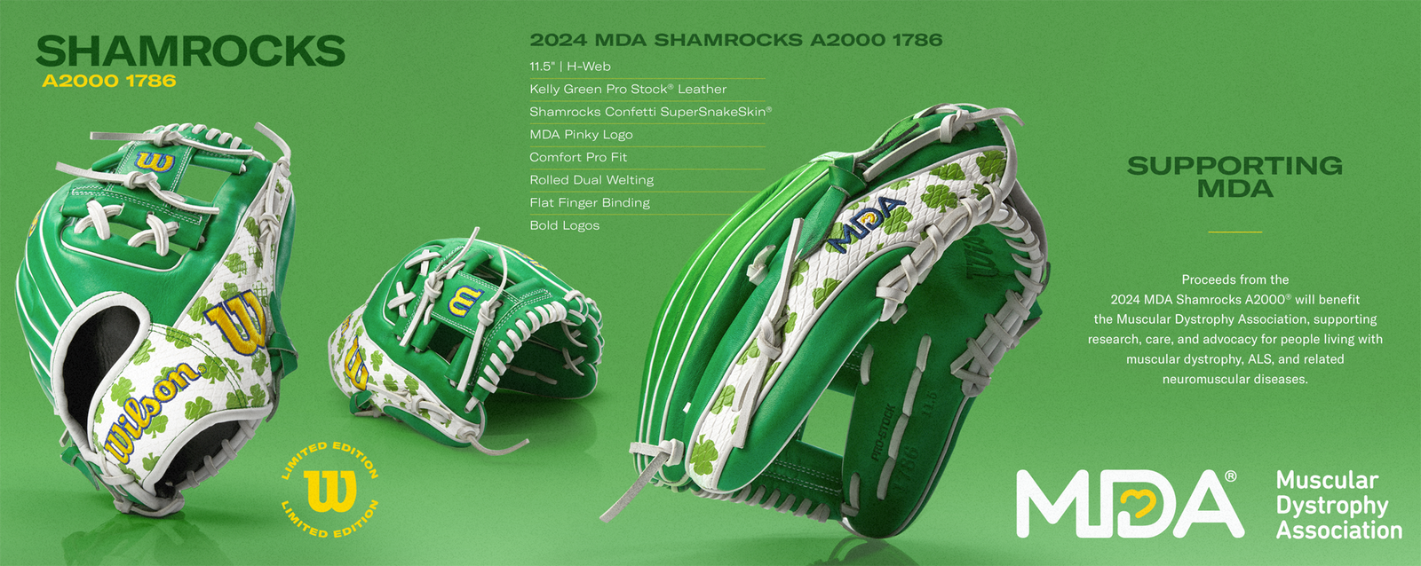 Three green and white baseball gloves with shamrock designs are displayed, with MDA and Wilson logos. Text highlights features and mentions proceeds support the Muscular Dystrophy Association.