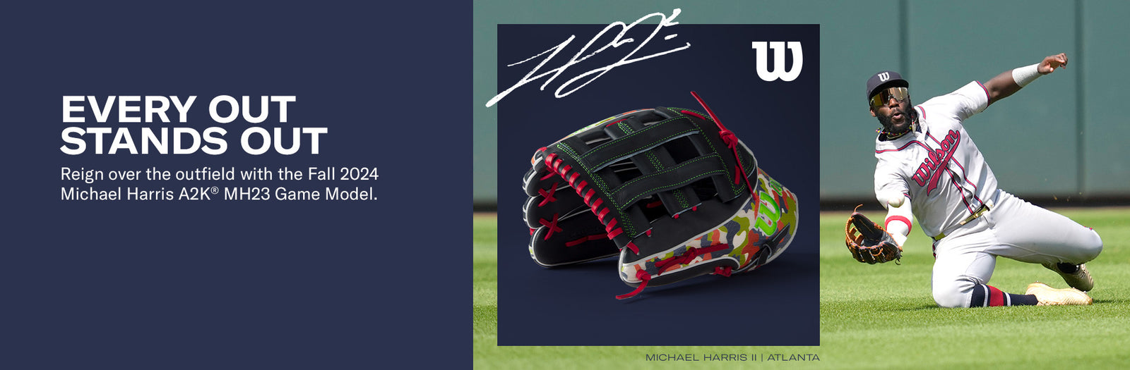 Promotional image for the Michael Harris Wilson A2K glove, featuring a colorful baseball glove and a player in a white uniform sliding to catch a ball, with text promoting the Fall 2024 MK23 Game Model.