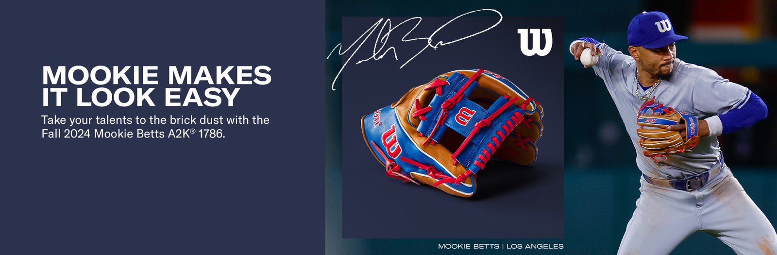 Mookie Betts, in a gray uniform, prepares to throw a baseball. Beside him is a colorful Wilson A2K glove with his signature above it and text promoting the Fall 2024 Mookie Betts A2K® 1786 glove.