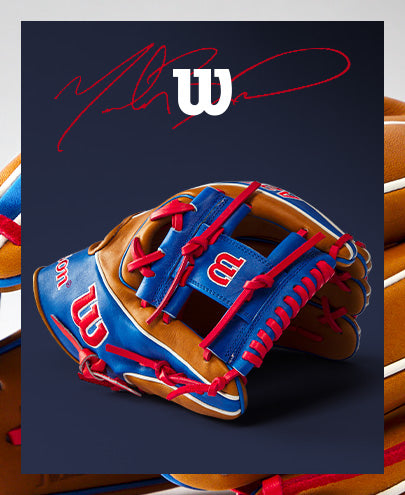 The Wilson A2K 1786 11.5" Mookie Betts GM Baseball Glove (WBW102616115) from Wilson is showcased on a blue background.