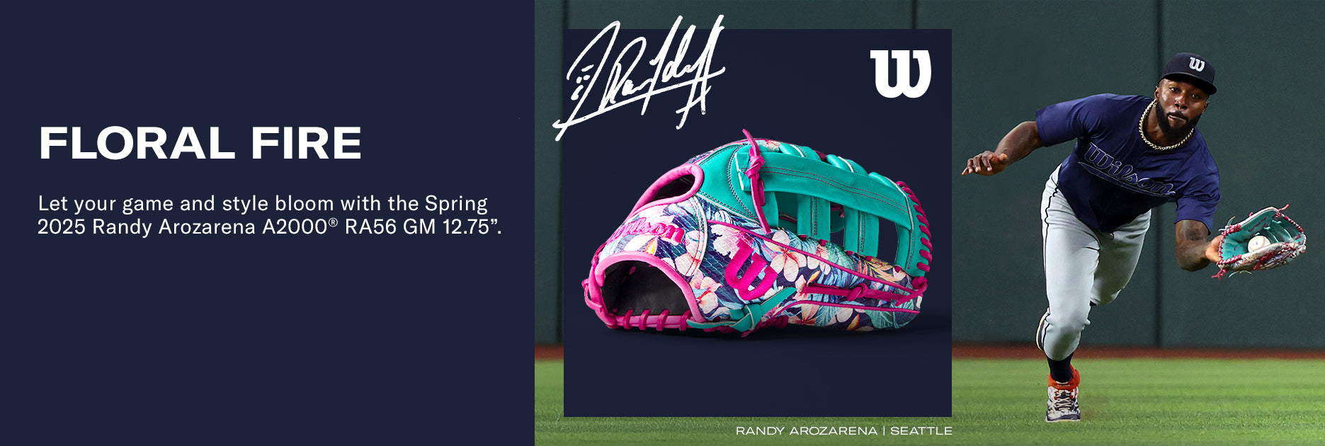 Baseball player Randy Arozarena runs to catch a ball. Next to him, a colorful floral-patterned baseball glove with teal and pink accents is displayed, featuring his signature and the Wilson logo.