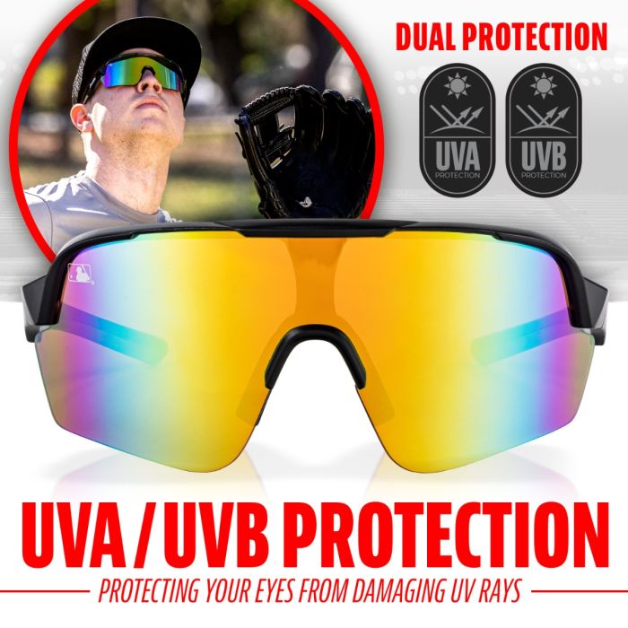 Franklin MLB Pro Sunglasses (24012C) by Franklin are shown close up with orange-yellow mirrored lenses. An inset shows someone wearing these baseball sunglasses with a glove. Features dual UVA/UVB protection for eye safety.