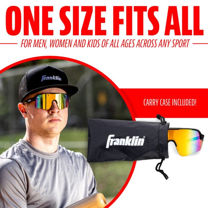 A man in Franklin MLB Pro Sunglasses (24012C) and a black Franklin cap holds a bat. Next to him are softball sunglasses and a black Franklin carry case. Text: One Size Fits All & Carry Case Included!.