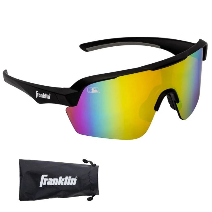 The Franklin MLB Pro Sunglasses (24012C) feature a black frame with large, rainbow-mirrored lenses for top UV protection. Ideal for baseball or softball, they're shown next to a black Franklin-branded carrying pouch.