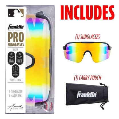 Image shows Franklin MLB Pro Sunglasses: 24012C packaging. Features yellow-mirrored UV-protection baseball sunglasses and a black Franklin carry pouch. Text: INCLUDES (1) SUNGLASSES (1) CARRY POUCH.