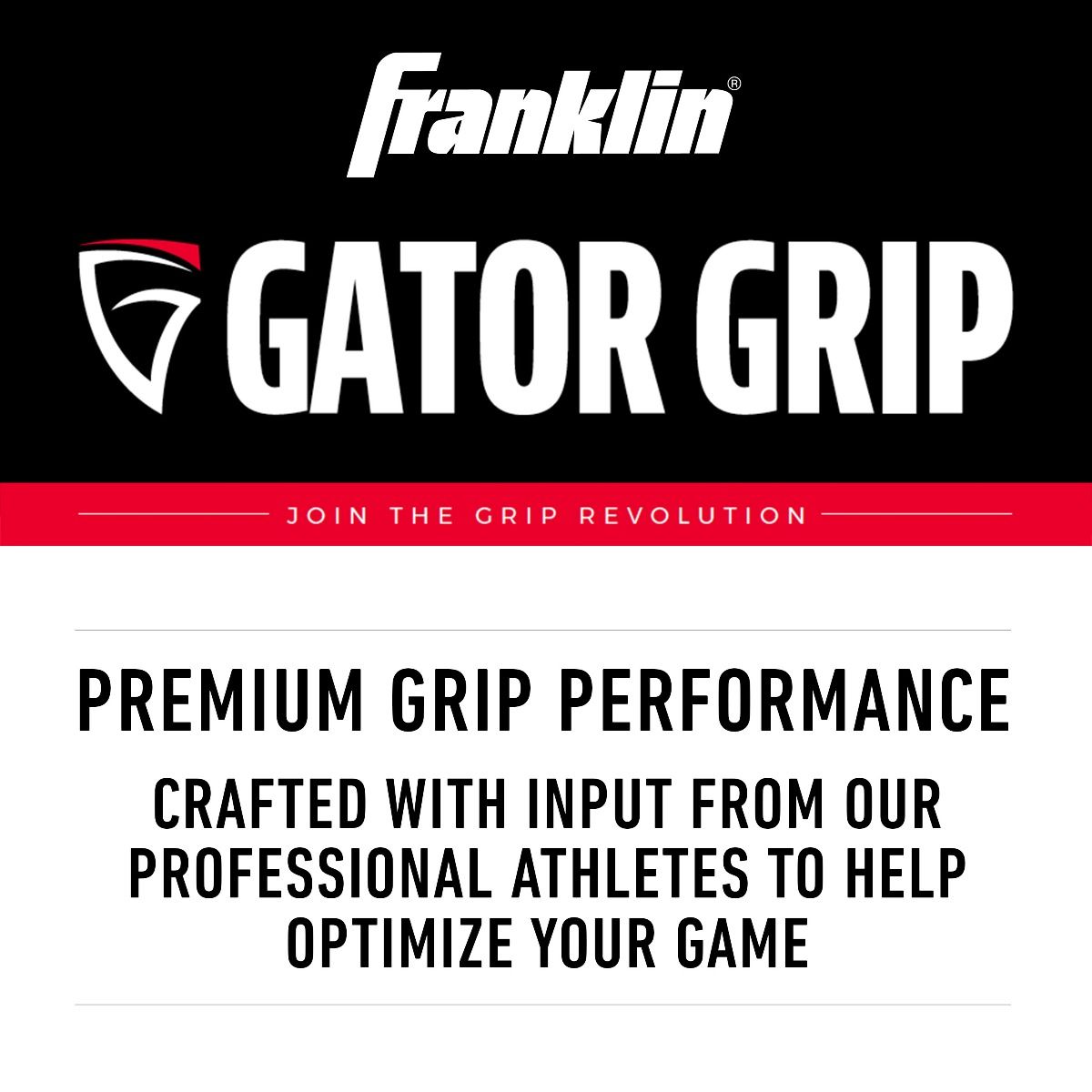 The Franklin MLB Gator Grip Knob (GRIPKNOB 24051) features the logo above “Premium Grip Performance crafted with input from our professional athletes.” Red banner says "Join the Grip Revolution." Ideal as a baseball bat knob accessory.