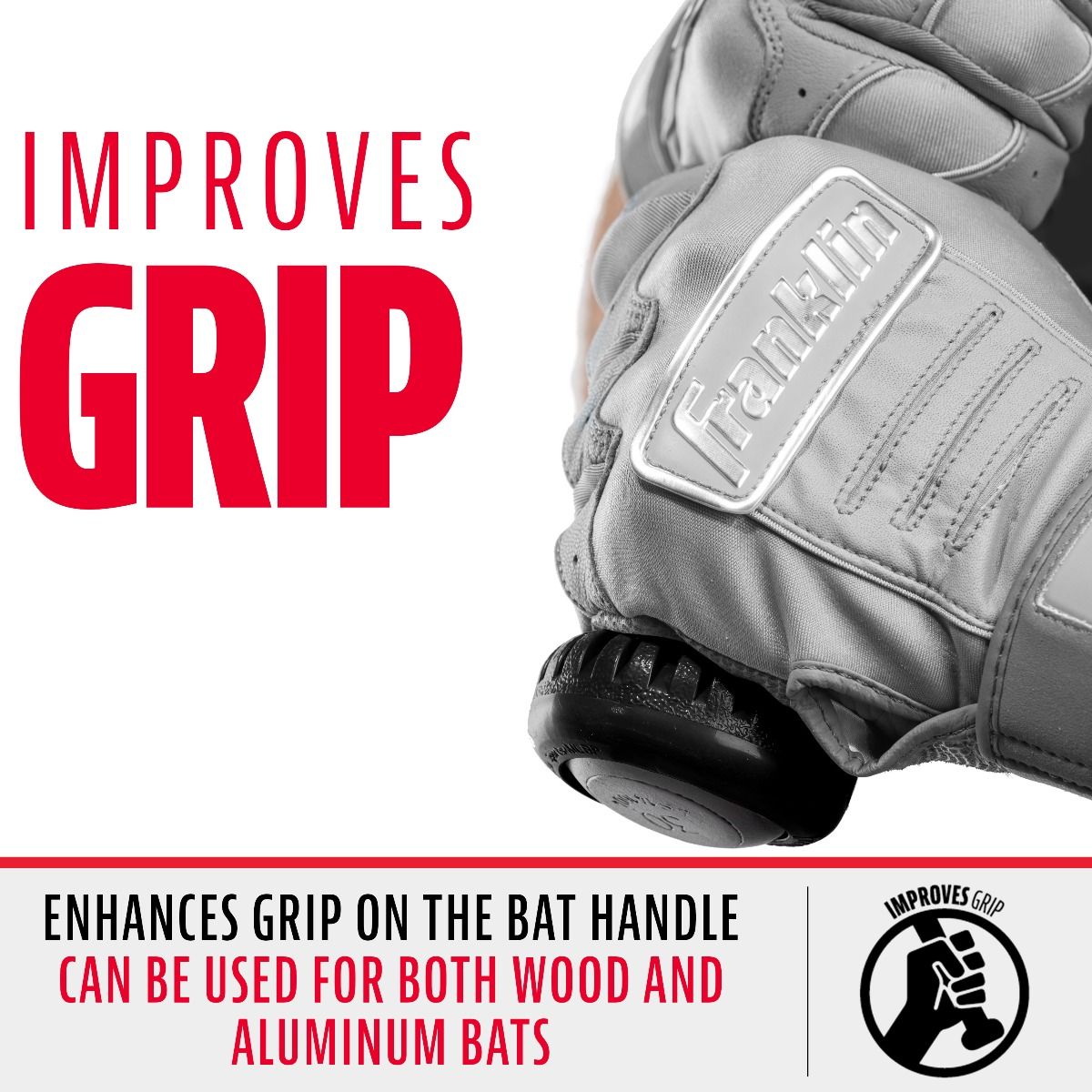 Close-up of a gloved hand gripping a bat with the Franklin MLB Gator Grip Knob (GRIPKNOB 24051) by Franklin. This accessory boosts grip on both wood and aluminum bats, featuring "MLB Gator Grip" text on the knob.