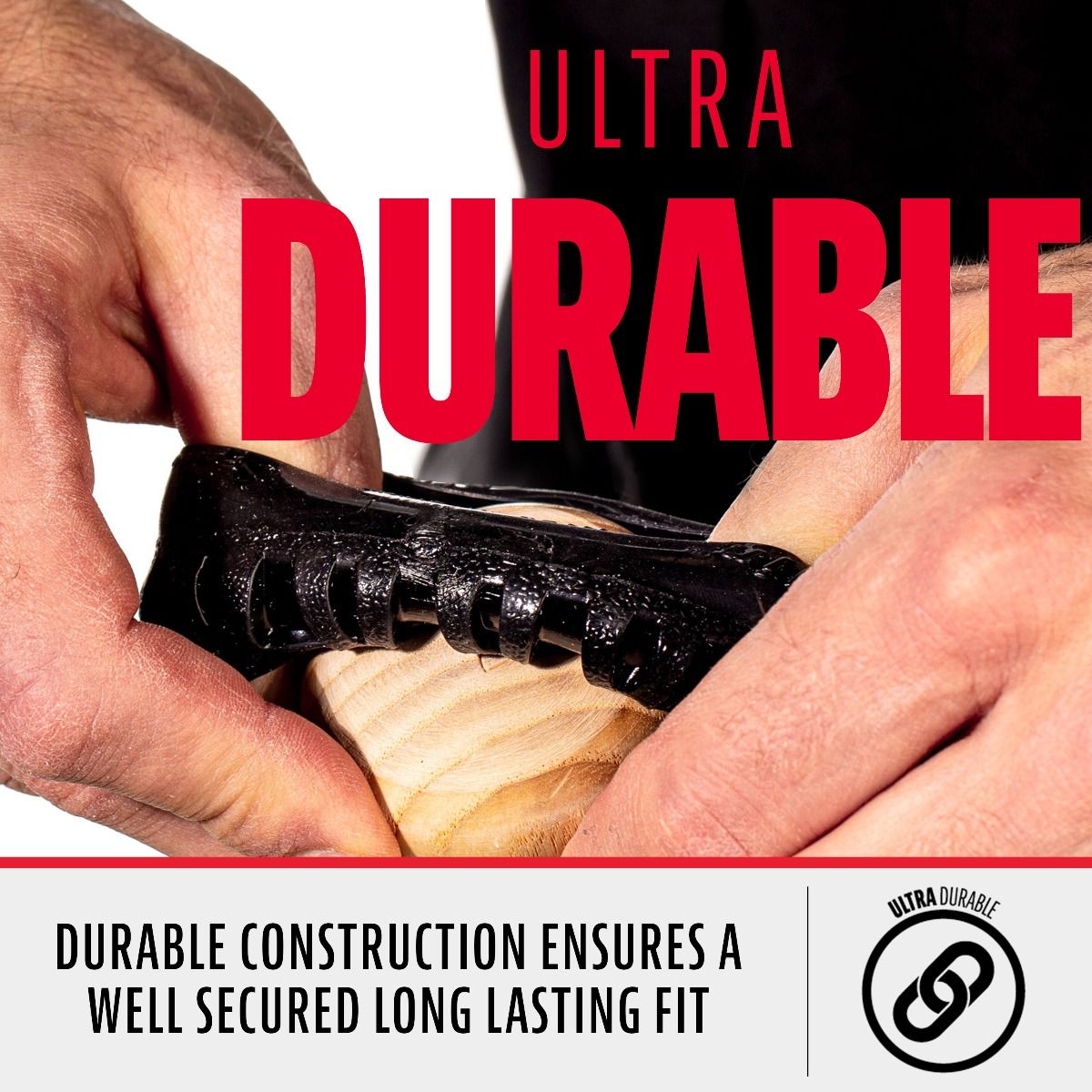 Close-up of hands stretching the black Franklin MLB Gator Grip Knob: GRIPKNOB (24051) over a bat handle. Bold red and black text reads ULTRA DURABLE, highlighting this Franklin accessory's strong, secure, long-lasting fit.