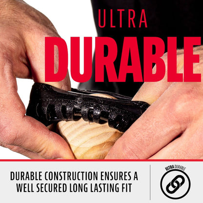 Close-up of hands stretching the black Franklin MLB Gator Grip Knob: GRIPKNOB (24051) over a bat handle. Bold red and black text reads ULTRA DURABLE, highlighting this Franklin accessory's strong, secure, long-lasting fit.