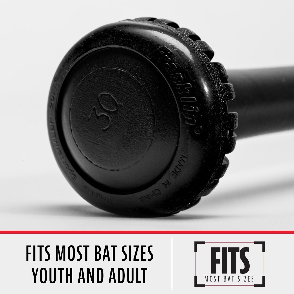Close-up of Franklin MLB Gator Grip Knob (GRIPKNOB 24051) on a black bat labeled “30.” Text reads, “FITS MOST BAT SIZES YOUTH AND ADULT” and “FITS most bat sizes”—the perfect baseball bat accessory from Franklin.