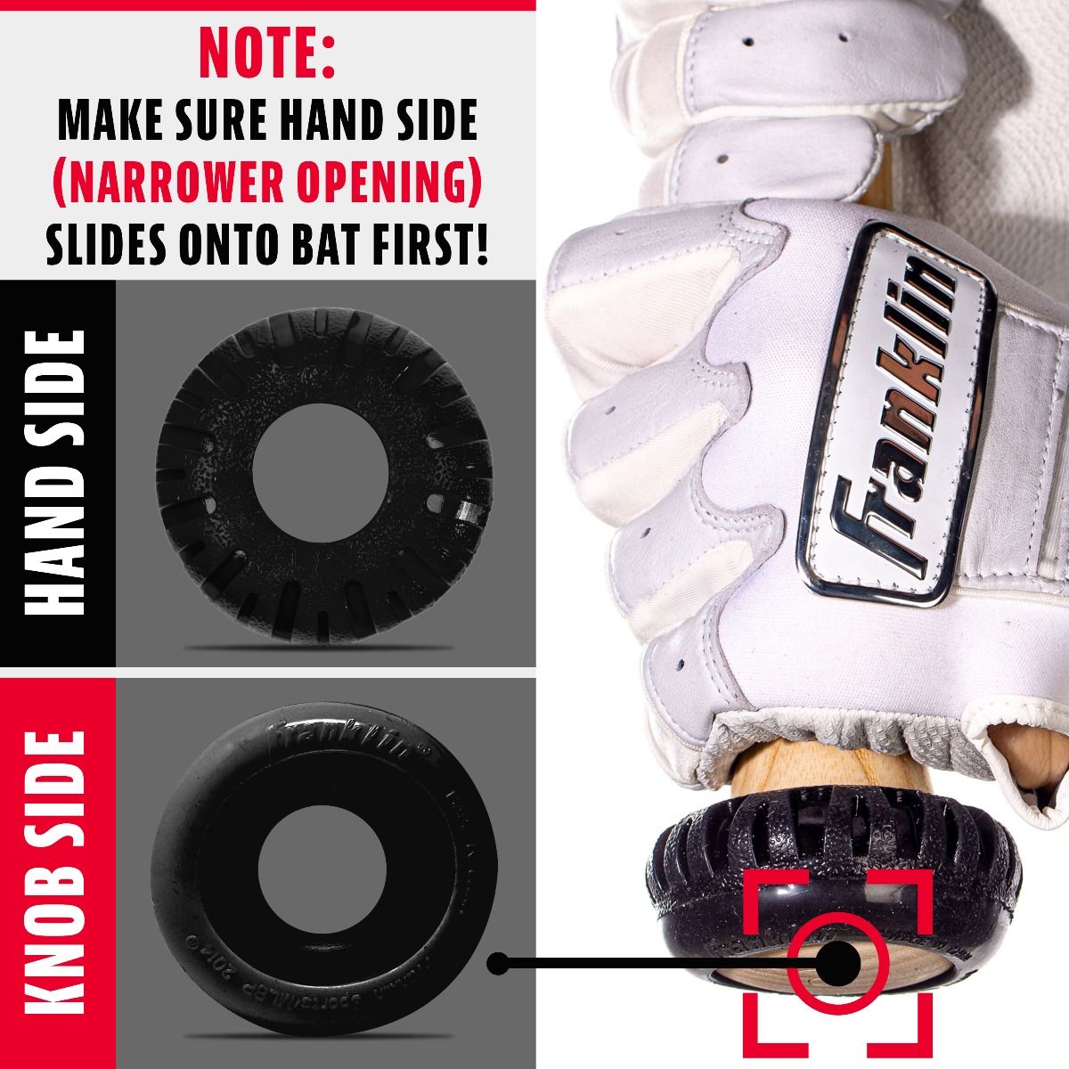 Instructional image shows a close-up of a baseball glove gripping a bat with the Franklin MLB Gator Grip Knob: GRIPKNOB (24051). Text explains to slide the hand side (narrower opening) onto the bat knob first, with labeled images of both sides.