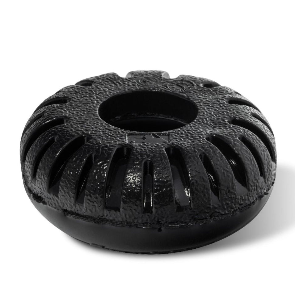 The Franklin MLB Gator Grip Knob (GRIPKNOB 24051) by Franklin is a round, black, textured metal bat accessory with vertical side slits and a large center hole, shown on a white background.