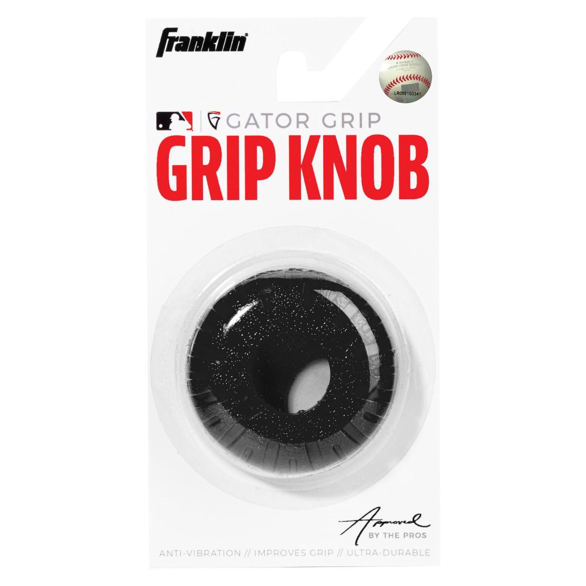 Franklin MLB Gator Grip Knob: GRIPKNOB (24051) by Franklin, packaged in a clear plastic case, features a black round knob with anti-vibration, improved grip, and ultra-durability—an essential baseball bat accessory for every player.