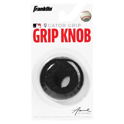 Franklin MLB Gator Grip Knob: GRIPKNOB (24051) by Franklin, packaged in a clear plastic case, features a black round knob with anti-vibration, improved grip, and ultra-durability—an essential baseball bat accessory for every player.