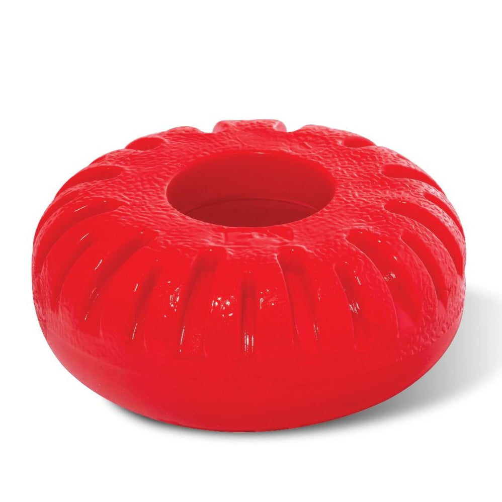 A bright red, round rubber dog chew toy with textured grooves and a hollow center, inspired by the Franklin MLB Gator Grip Knob (GRIPKNOB 24051)—perfect for sporty pups.