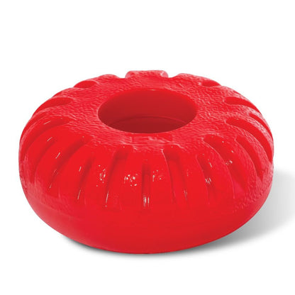 A bright red, round rubber dog chew toy with textured grooves and a hollow center, inspired by the Franklin MLB Gator Grip Knob (GRIPKNOB 24051)—perfect for sporty pups.