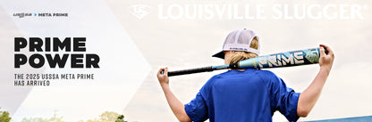 A baseball player in a blue shirt holds the 2025 Louisville Slugger Meta Prime (-8) USSSA Baseball Bat; text reads PRIME POWER—The all-new WBL2971010 demo model is here.