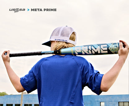 A child in a blue shirt and white cap holds a Louisville Slugger Meta Prime (-8) 2 3/4" USSSA Baseball Bat (WBL2971010 DEMO) across their shoulders, with USSSA and Meta Prime logos visible in the upper left corner.