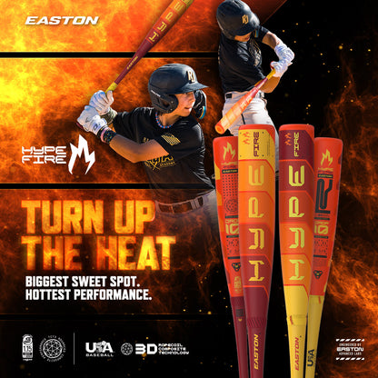 Two young players swing orange and yellow 2025 Easton Hype Fire (-8) 2 5/8" USA Baseball Bats by Easton. Three composite bats stand upright beside them. Bold text reads: TURN UP THE HEAT, with fiery effects underscoring top performance.