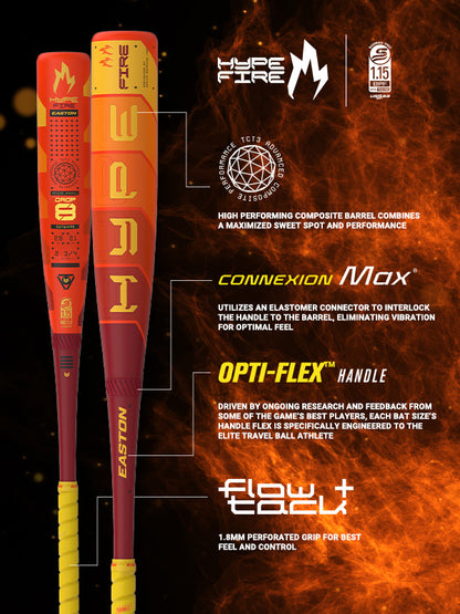 Two Easton 2025 Hype Fire (-5) 2 3/4" USSSA baseball bats stand upright, highlighting their orange and yellow design, Thermo-Composite technology, and features against a vibrant backdrop.