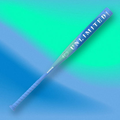 2027 Easton Ghost Unlimited Wild (-10) Fastpitch Softball Bat with a gradient blue-to-teal barrel, featuring the text UNLIMITED and a small WILD graphic.
