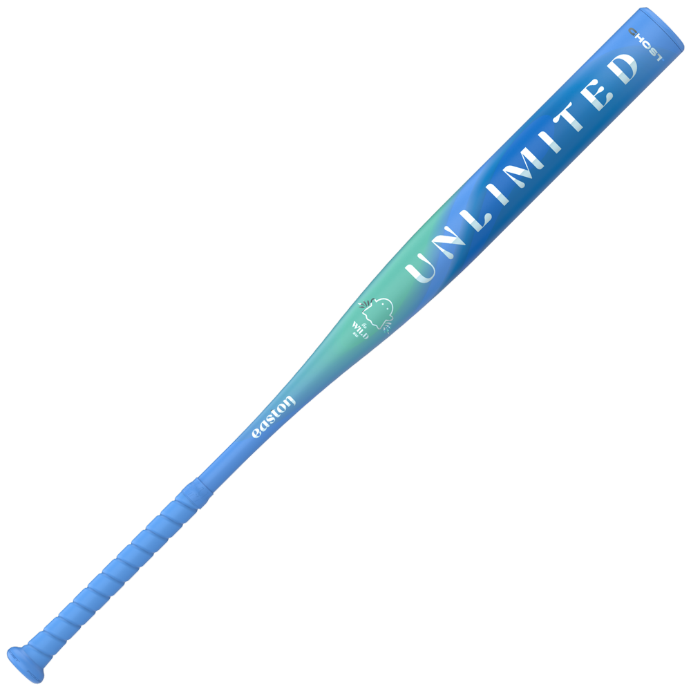 A 2027 Easton Ghost Unlimited Wild (-10) Fastpitch Softball Bat featuring a light blue to teal gradient barrel with UNLIMITED printed in large capital letters.