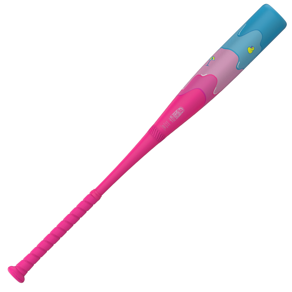 The 2025 Easton Hype Fire Pool Party (-10) USSSA Baseball Bat by Easton features a pink handle blending into purple and blue, a dripped paint design, and yellow cartoon details—ideal for fans seeking bold style at the plate.