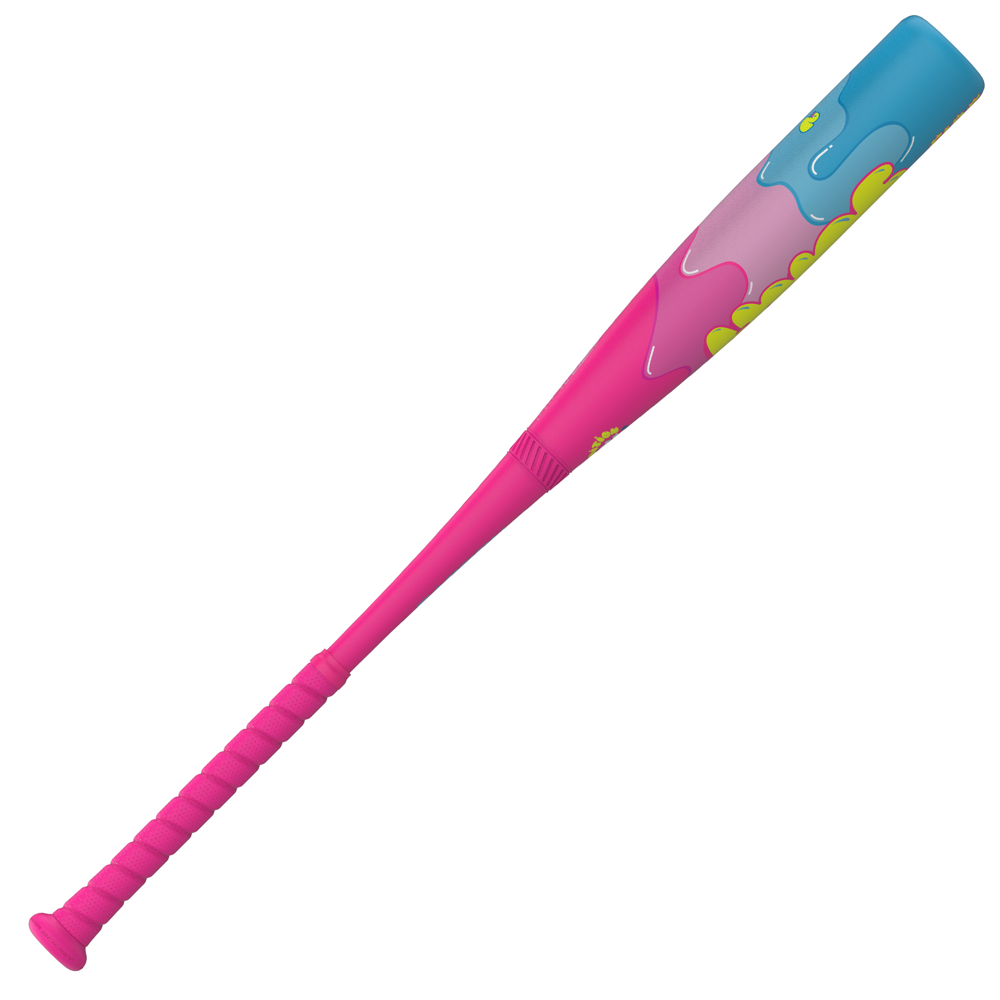 A vibrant baseball bat with a pink handle and bold blue, yellow, and purple patterns—just like the eye-catching 2025 Easton Hype Fire Pool Party (-10) USSSA bat by Easton.