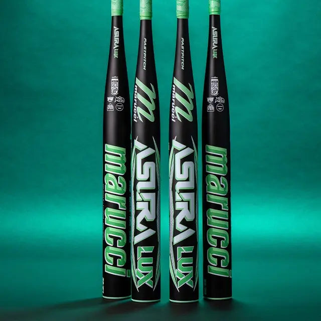 Four black Marucci ASURA Lux (-11) Fastpitch Softball Bats (MFPASL11), with green “ASURA Lux” and Marucci branding and Gap Sync Barrel Technology, stand upright against a green gradient background.