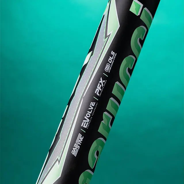 Close-up of a black and green Marucci 2026 ASURA Lux (-11) Fastpitch Softball Bat (MFPASL11), featuring EVOLVE, FPX, ASURA Lux, Gap Sync Barrel Technology, and technical details on a teal background.