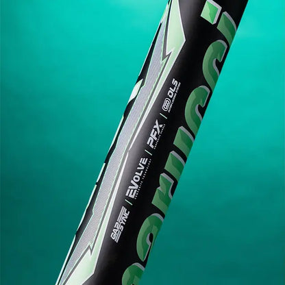 Close-up of a black and green Marucci 2026 ASURA Lux (-11) Fastpitch Softball Bat (MFPASL11), featuring EVOLVE, FPX, ASURA Lux, Gap Sync Barrel Technology, and technical details on a teal background.