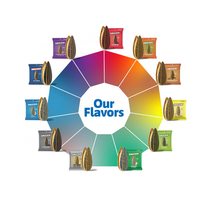 A color wheel labeled Our Flavors shows 12 Smackin' Sunflower Seeds 1.5oz packets by flavor: smoky, sweet, fiery, cozy, cheesy, sour, creamy, zesty, fresh ground, buttery, classic—all jumbo seeds with bold taste.