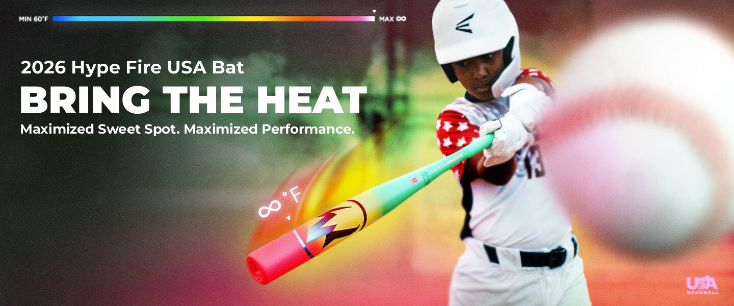 A youth baseball player swings a colorful bat in action. Text reads “2026 Hype Fire USA Bat BRING THE HEAT. Maximized Sweet Spot. Maximized Performance.” USA Baseball logo is in the corner, with a heat indicator above.