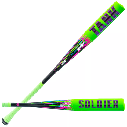 Two neon green and black Soldier Sports 2026 Soldier Tank2 (-3) BBCOR baseball bats with purple and pink graphics, "TANK" and "SOLDIER" on the barrels, green grips, and power alloy tech for a light swing weight.