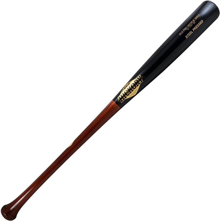 The Old Hickory 28NA Steel Pressed Maple Wood Bat features a dark handle, black barrel, and gold branding near the end, delivering top performance.