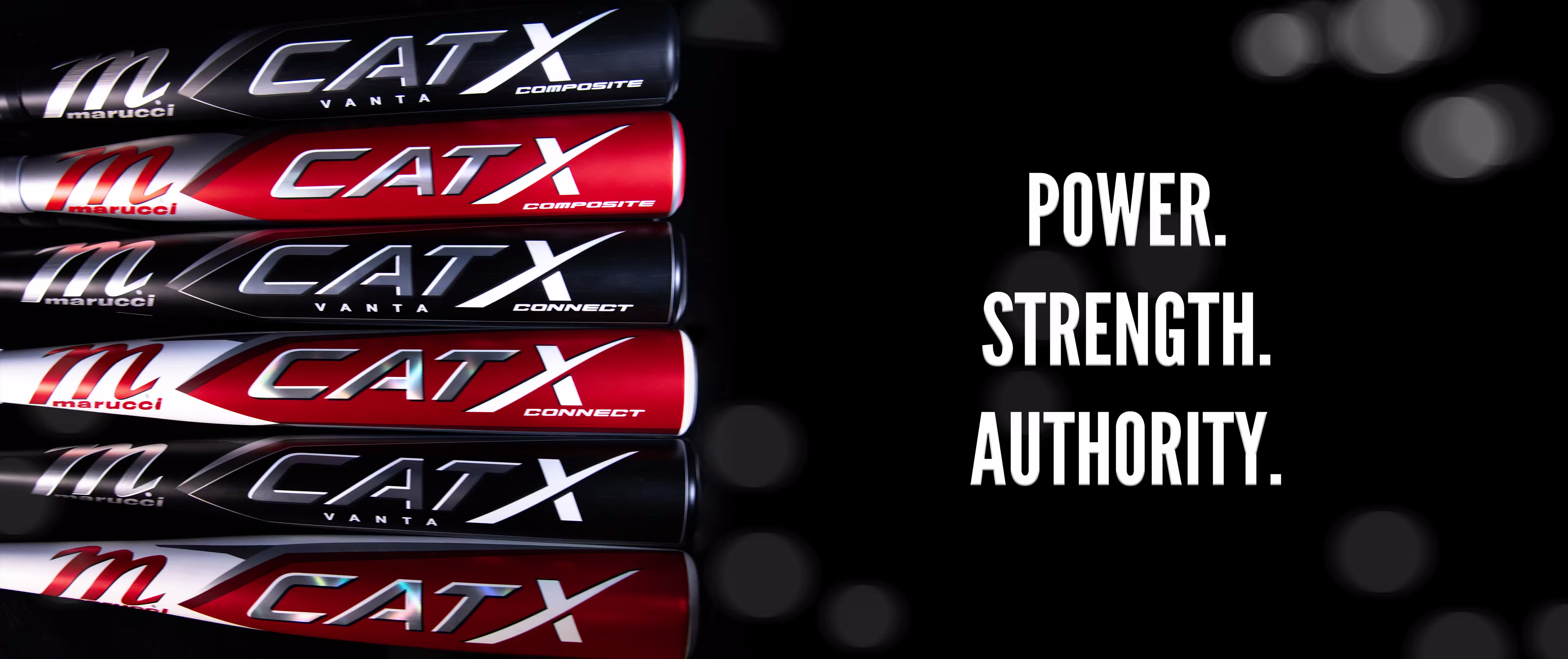 Six Marucci CATX baseball bats stacked horizontally on the left, with the words POWER. STRENGTH. AUTHORITY. in bold white text on a black background to the right.
