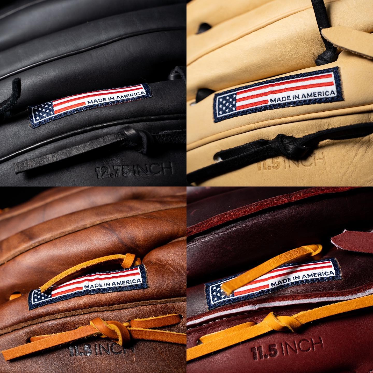 Close-up of four baseball gloves in different leather colors—black, tan, brown, and dark brown—each displaying a Made in America patch with a US flag and 11.5 INCH or 12.75 INCH embossed on the leather.
