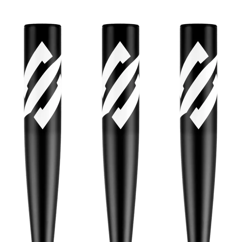 Three black baseball bats with a bold, angular white logo near the top, standing upright against a plain white background.