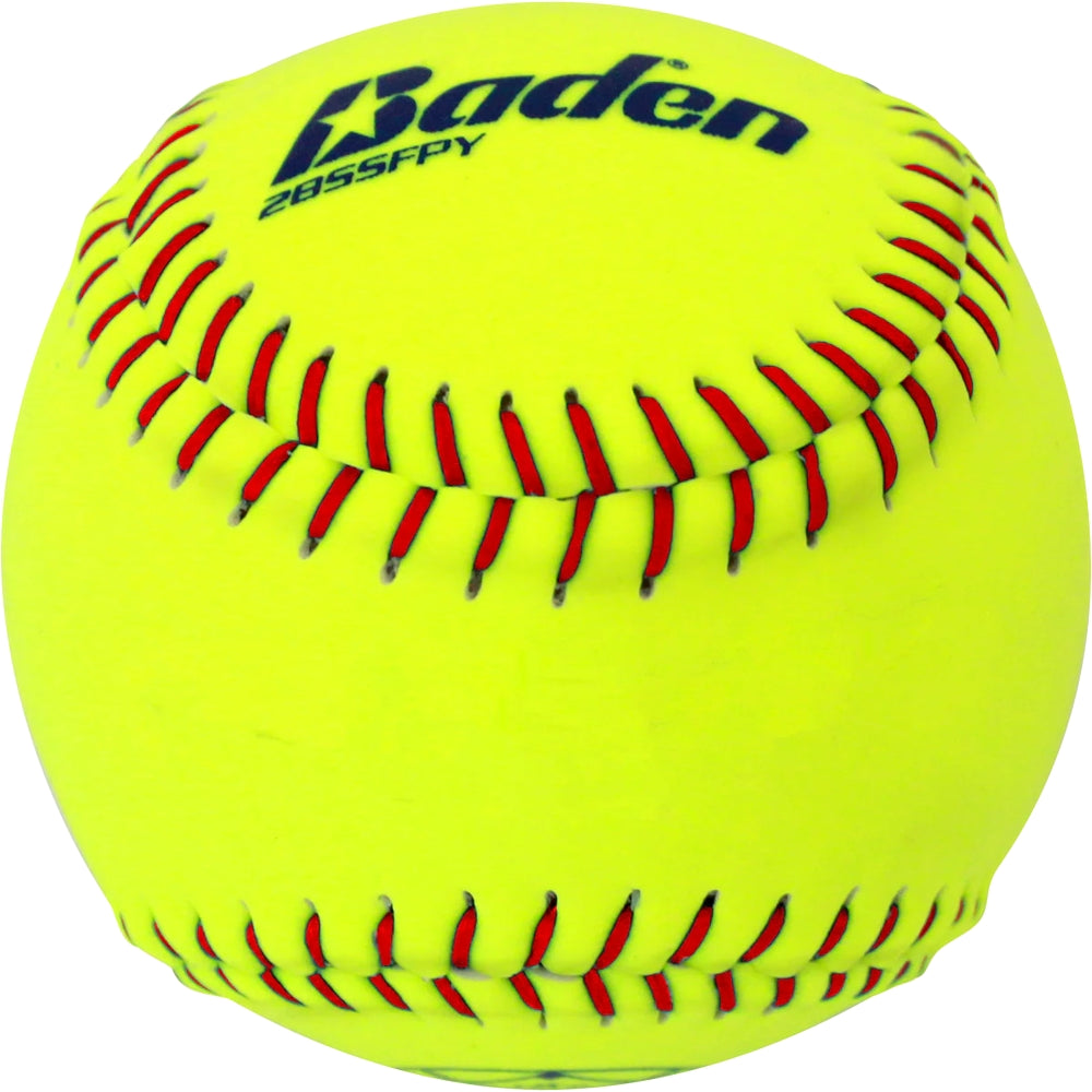 The Baden Practice 12" Composite Fastpitch Softball (2BSSFPY-5002) is a bright optic yellow ball with red stitching and the black Baden logo, ideal for fastpitch softball practice.