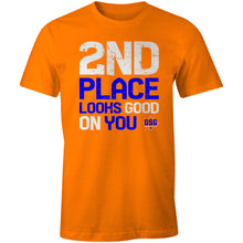 The DSG Apparel 2nd Place Looks Good on You T-Shirt (DSG-2ND) features bright orange pre-shrunk cotton, bold white and blue “2ND PLACE LOOKS GOOD ON YOU” text, a small DSG logo below, and a classic fit for lasting comfort.