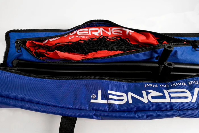 A blue PowerNet 7' x 7' Deluxe Replacement Carry Bag, partially open to show red fabric, black netting, and metal poles inside, features the white VERNET logo—perfect for carrying your hitting or replacement net.