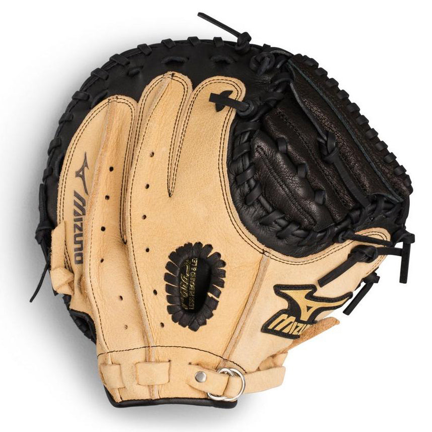 A Mizuno Prospect 32.5" Baseball Catcher's Mitt (GXC105), tan and black with visible stitching, finger slots, and Mizuno logos on both thumb and palm.