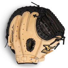 A Mizuno Prospect 32.5" Baseball Catcher's Mitt (GXC105), tan and black with visible stitching, finger slots, and Mizuno logos on both thumb and palm.