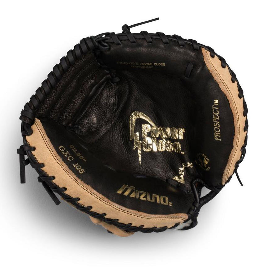 A close-up photo shows an open Mizuno Prospect 32.5" Baseball Catcher's Mitt (GXC105) with black and tan leather, gold-printed branding and text on the palm and fingers, plus visible stitching and textured leather.