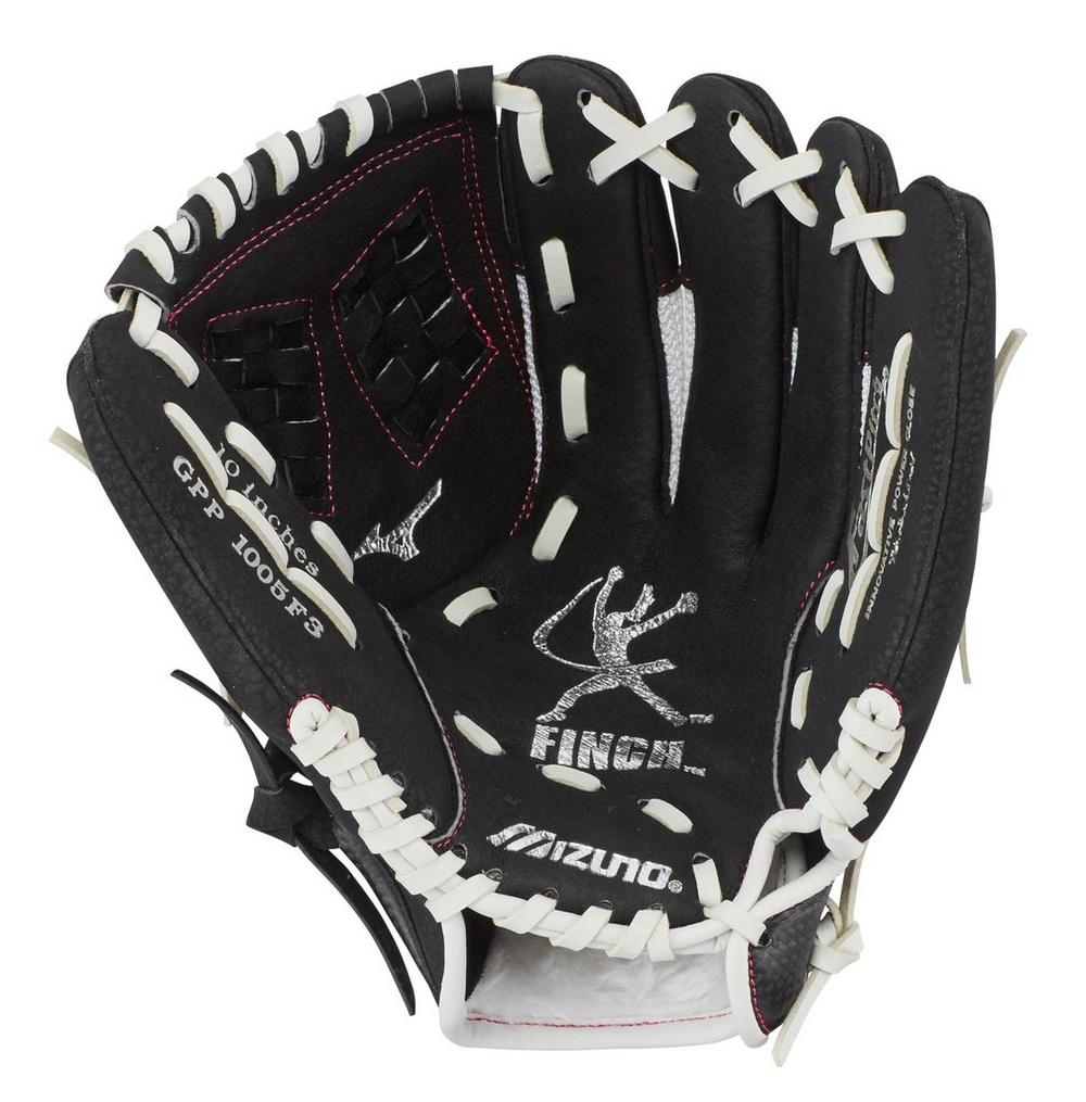 A Mizuno Prospect Finch 10" Fastpitch Glove (GPP1005F3) in black with white laces and red stitching, shown open with the palm forward. The Mizuno logo and Jennie Finch model details are visible inside.
