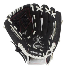 A Mizuno Prospect Finch 10" Fastpitch Glove (GPP1005F3) in black with white laces and red stitching, shown open with the palm forward. The Mizuno logo and Jennie Finch model details are visible inside.