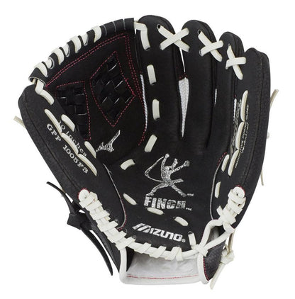 A Mizuno Prospect Finch 10" Fastpitch Glove (GPP1005F3) in black with white laces and red stitching, shown open with the palm forward. The Mizuno logo and Jennie Finch model details are visible inside.