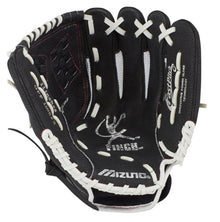 The Mizuno Prospect Finch 11" Fastpitch Glove (GPP1105F3) features black leather with white laces, Mizuno branding on the palm and fingers—perfect for fans of Jennie Finch and quality youth softball gloves.